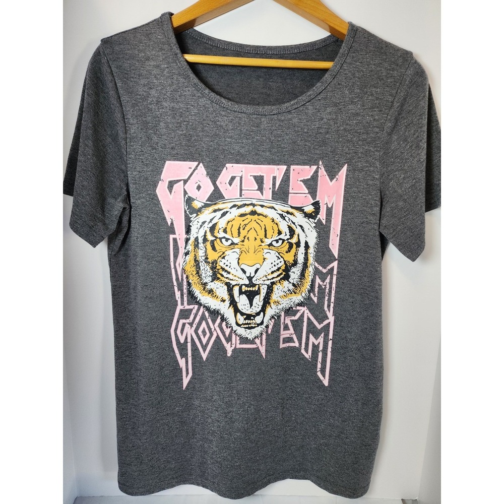 Go Get Em Tiger Graphic Tee Charcoal Heather Gray Pink Scoop Neck T-Shirt L